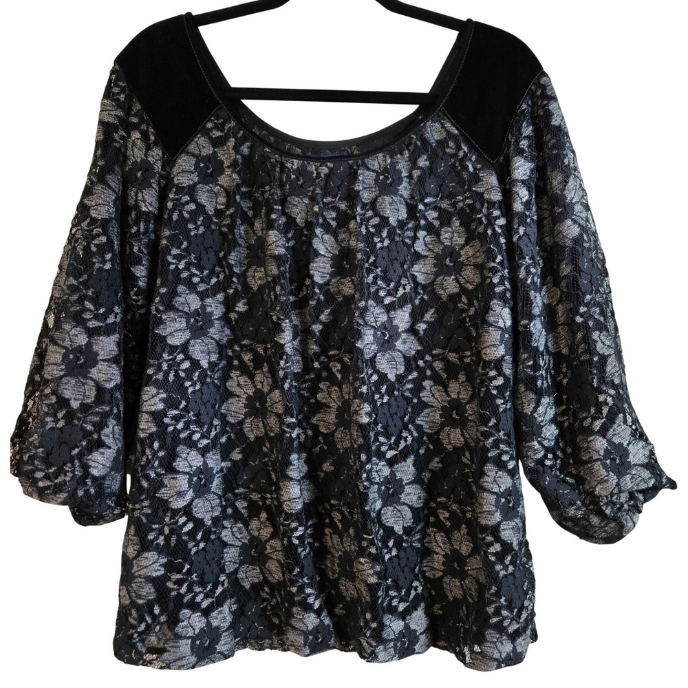 Max Edition Womens XL Floral Lace Blouse Black Grey Velvet Trim Balloon Sleeve